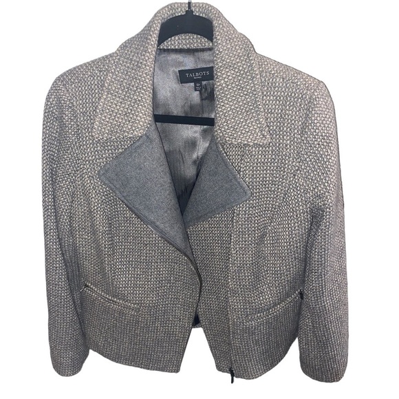 Talbots Wool Tweed Moto Zip Blazer Suit Jacket Coat Neutral Dark Academia 12P - Picture 7 of 7